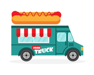 Street food truck vector illustration. Hot dog van delivery. Flat icon