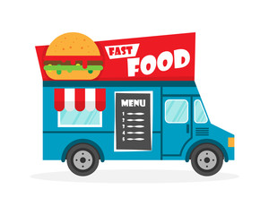 Street food truck vector illustration. Burger van delivery. Flat icon