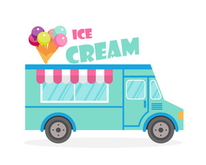 Street food truck vector illustration. Ice cream van delivery. Flat icon