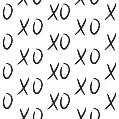 XOXO hugs and kisses seamless pattern. Hand drawn trendy hipster black and white XO background. Ink grungy brush texture.