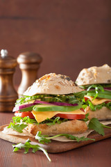 tomato avocado cheese sandwich with cucumber onion