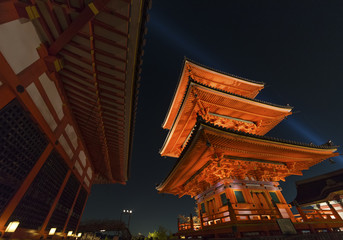 Kiyomizu Temple with tall pagoda tower in Kyoto Japan. 