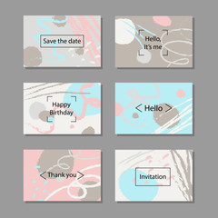Fototapeta premium Vector illustration set of artistic colorful universal cards. Brush textures. Wedding, anniversary, birthday, holiday, party. Design for poster, card, invitation.