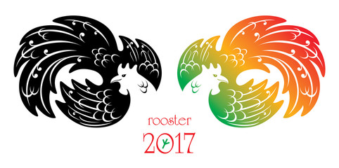 The symbol of the year 2017- bird rooster, in monochrome and color versions.