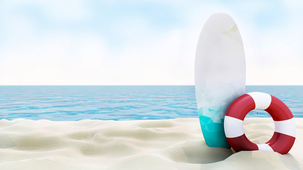 Fototapeta na wymiar Sea view for vacation and summer surfbaord,lifebuoy - 3D render
