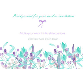 Background, template postcard with the watercolor green leaves on the branches and purple berries (Mistletoe), hand drawn on a white background, greeting card, decoration postcard or invitation