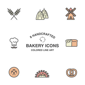 Set of 8 handcrafted bakery icons.