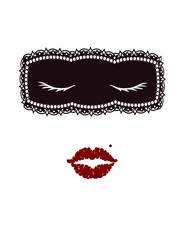 Pretty girl's blindfolded face in Minimalism technique. eyes closed black lace red lips beauty spot.