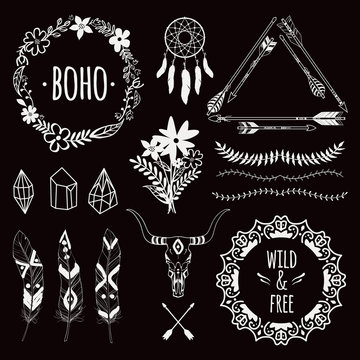 Vector ethnic set with arrows, feathers, crystals, floral frames, borders, dream catcher, bull skull. Modern romantic boho style. Templates for invitations, scrapbooking. Hippie design elements.
