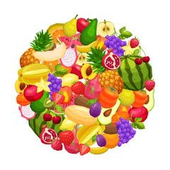 Fresh Fruits In Circle In Flat Style. Healthy And Vegetarian Food Concept. Healthy Lifestyle