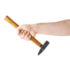 Hand holding a hammer tool, composition isolated over the white background