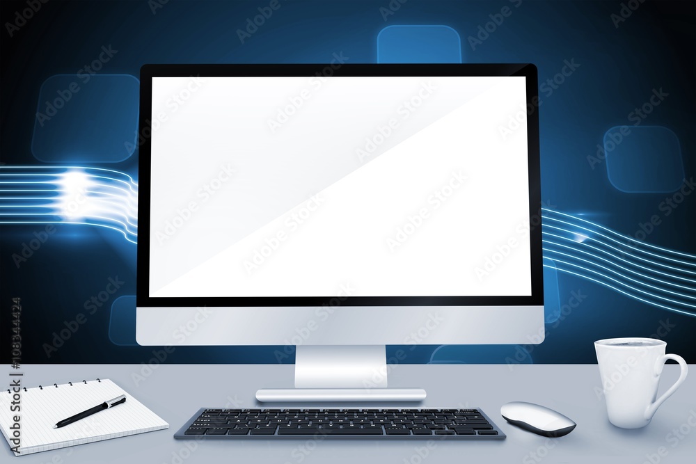 Poster composite image of image of a desk with computer
