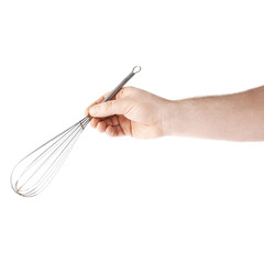 Hand holding a egg beater mixer whisk, composition isolated over the white background