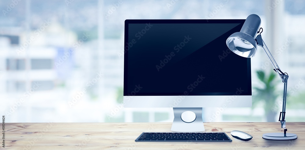 Poster composite image of image of a desk with computer