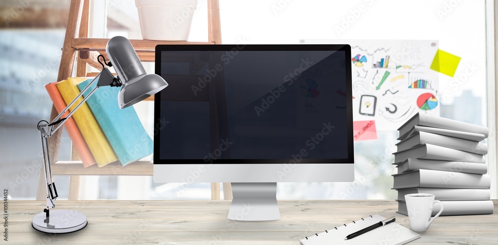 Poster composite image of image of a desk with computer