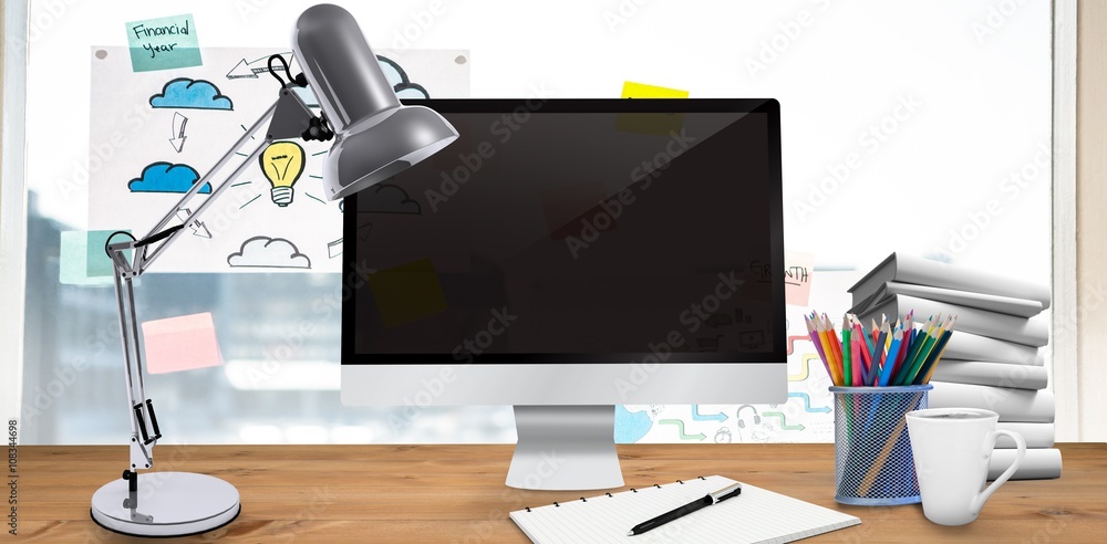 Poster composite image of image of a desk with computer