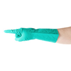 Hand in rubber latex glove with counting one pointing finger sign gesture over white isolated background