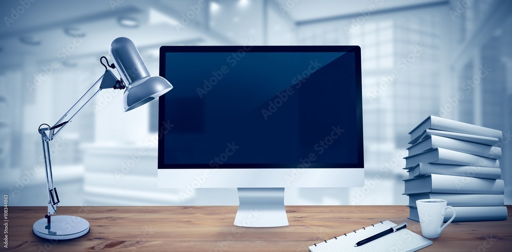 Poster composite image of image of a desk with computer