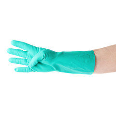 Hand in rubber latex glove with gesture showing four fingers over white isolated background