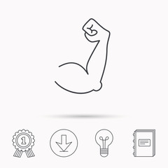 Biceps muscle icon. Bodybuilder strong arm sign.