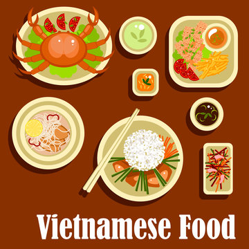 Healthy dishes flat icons of vietnamese cuisine