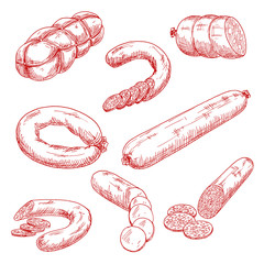 Assortment of fresh meat sausages red sketch icons © Vector Tradition