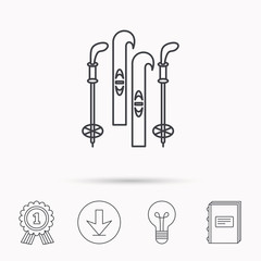 Skiing icon. Ski and sticks sign.