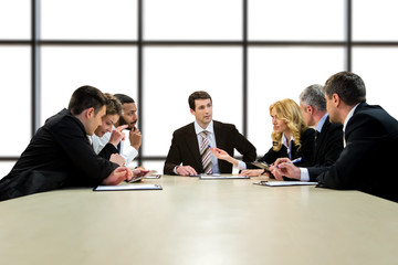 Official men and women talking. Businesspeople on white background. Looking for the best strategy. We'll handle it together.