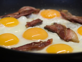 Fried eggs and pork bacon rashers in pan