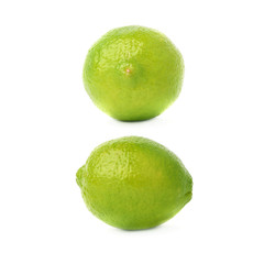 Set of two single limes in different compositions and foreshortenings, isolated over the white background