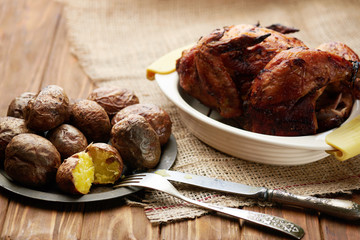 close up of a tray of rustic roasted baked potato
