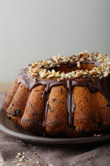 bundt cake with chocolate and nuts