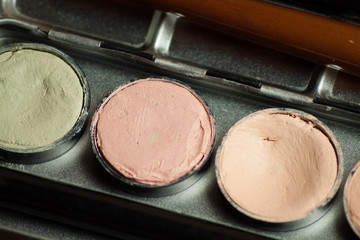 Professional cosmetic. Cream concealer palette in metal case. Working with skin defects. 