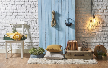 blue wooden wall with brick wall interior style