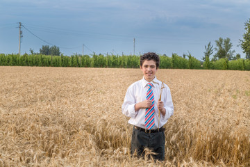 Naklejka na ściany i meble Handsome boy in a golden wheat field
