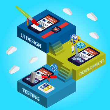 Flat 3d isometric UI design, developer, testing app. Process of app development.