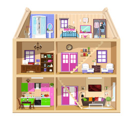 Modern graphic cute house in cut. Detailed colorful vector house interior. Stylish rooms with furniture. House inside isolated.