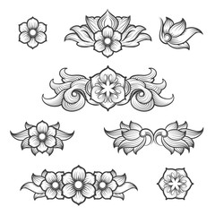 Vintage baroque engraving floral elements. Retro scroll foliage engraving ornament symbols vector