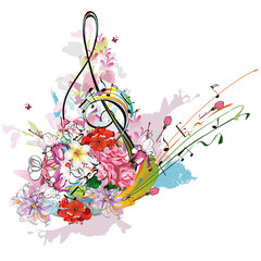 Fototapety  Letnia muzyka z kwiatami i motylami, kolorowe plamy.
