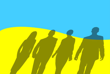 Silhouette People Group Over Ukraine Flag Background