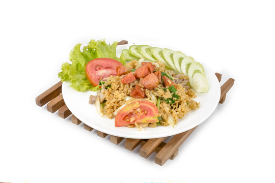 Fried rice with sausage on white background