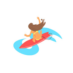 Fototapeta na wymiar Brown-haired Girl On Surfboard From Above