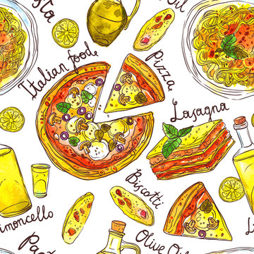 Watercolor Hand Drawn Seamless Pattern Of Italian Food With Pasta, Pizza, Lasagna, Biskotti, Limoncello And Olive Oil