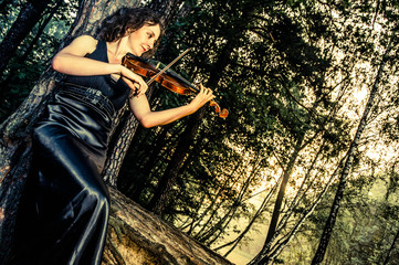 Attractive violinist playing on her violin in dramatic and colorful wood covered with trees and lake