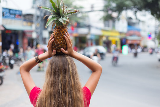 Girl With Pineapple In Hand Summer Fruit