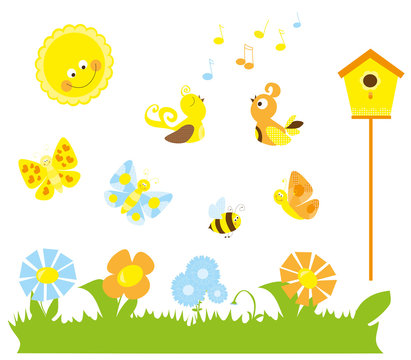 Set of cute cartoon nature elements : spring / summer collection for children with sun, flowers ,birdhouse, birds, flying bee, butterflies