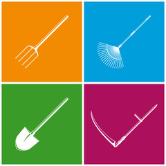Set of Colored Farming  Icons , Garden and Landscaping Tools , Icon Garden Fork , Icon Garden Leaf Rake , Icon Shovel , Icon Scythe , Garden Equipment , Agricultural Tool  , Vector Illustration