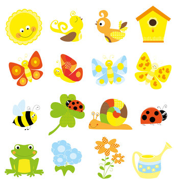 set of cute little creatures and nature elements - vectors for children