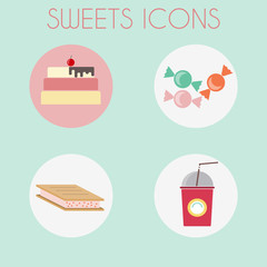Fototapeta na wymiar Sweets Icons Set. Cake with cherry, some colorful Candies. Cold Fast Food Drink. Digital vector illustration.