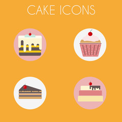Cake Icons Set. Three Cakes and a Cupcake. Sweet bakery with glazing on top. Digital vector illustration.